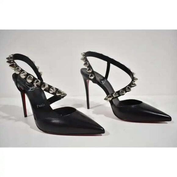 Christian Louboutin Spikita Pump 100 Black Silver Spike Strappy Sandal Heel 39 - Picture 4 of 12